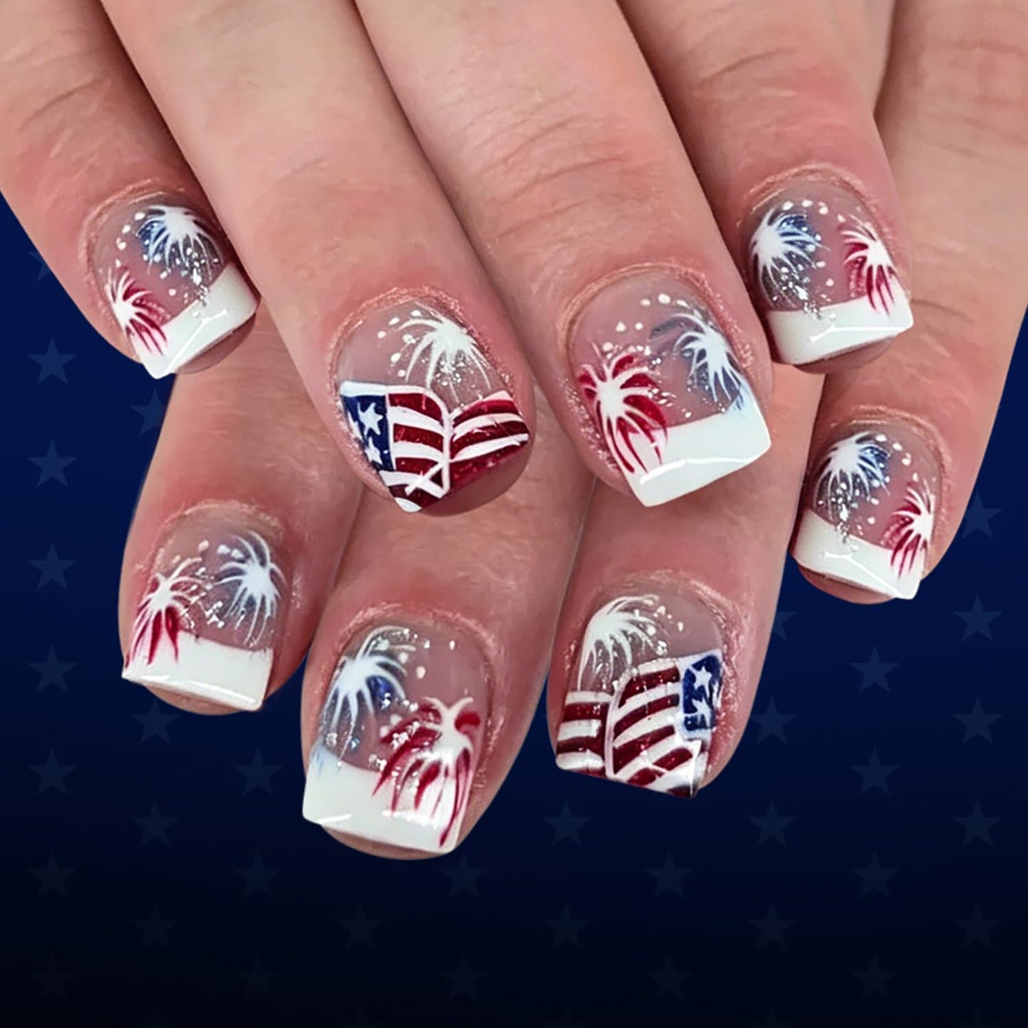 24Pcs 4th of July Press-On Nails - Medium Square Red, Blue & White Glitter Designs | Reusable Patriotic Acrylic Nails for Women