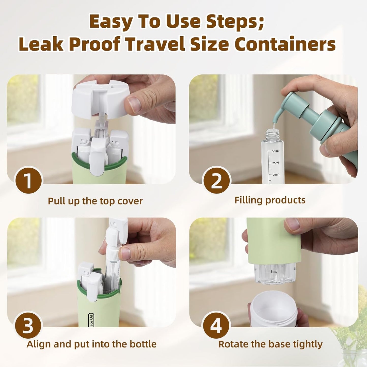 Travel Dispenser Bottle Set - 4 Pack 30ML Leak-Proof Toiletry Containers | Green