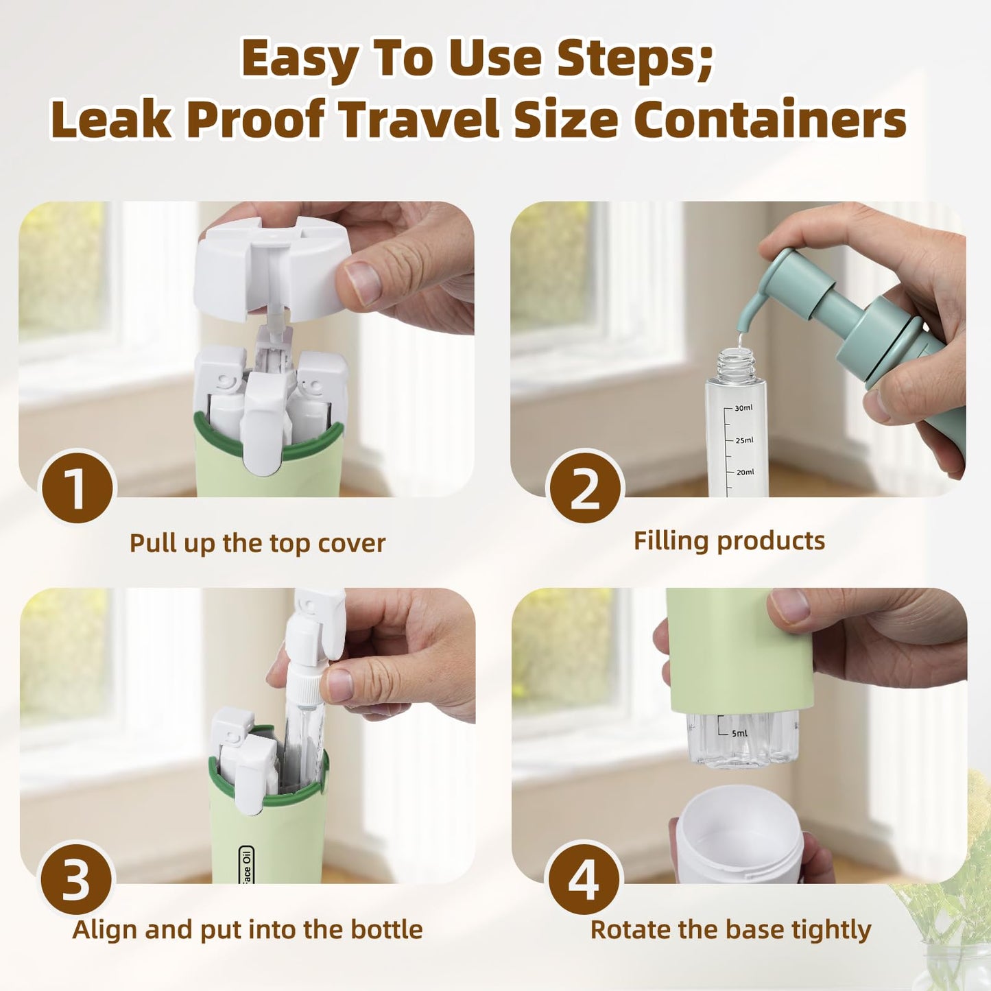 EASYFORALL 4 in 1 Travel Dispenser Bottle,4 Pack 30ML Travel Bottles for Toiletries, Leak Proof Travel Size Containers (Green)