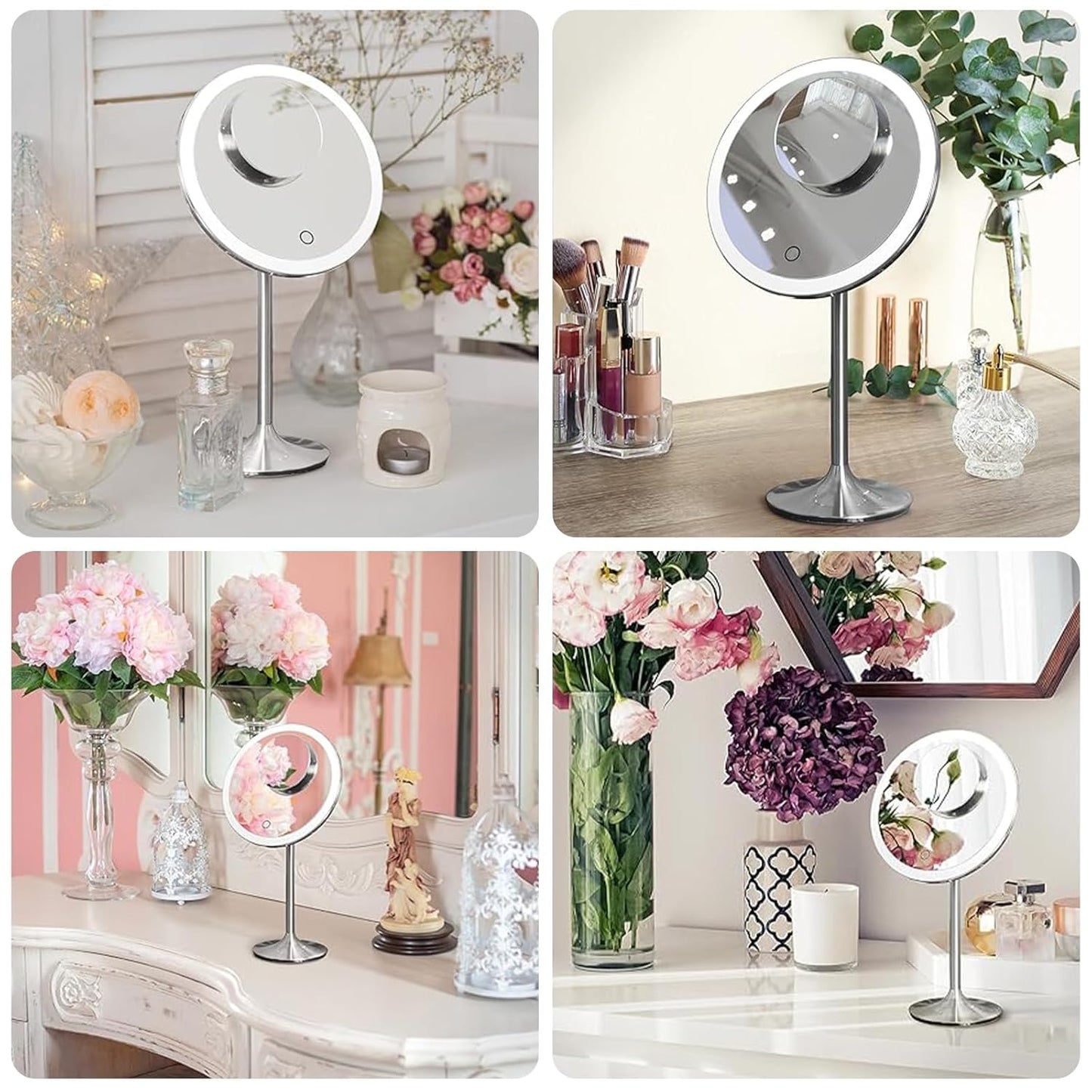 Vanity Makeup Mirror with Lights - 9-Inch, 5X & 10X Magnification, Rechargeable, Touch Dimming, Adjustable Angle