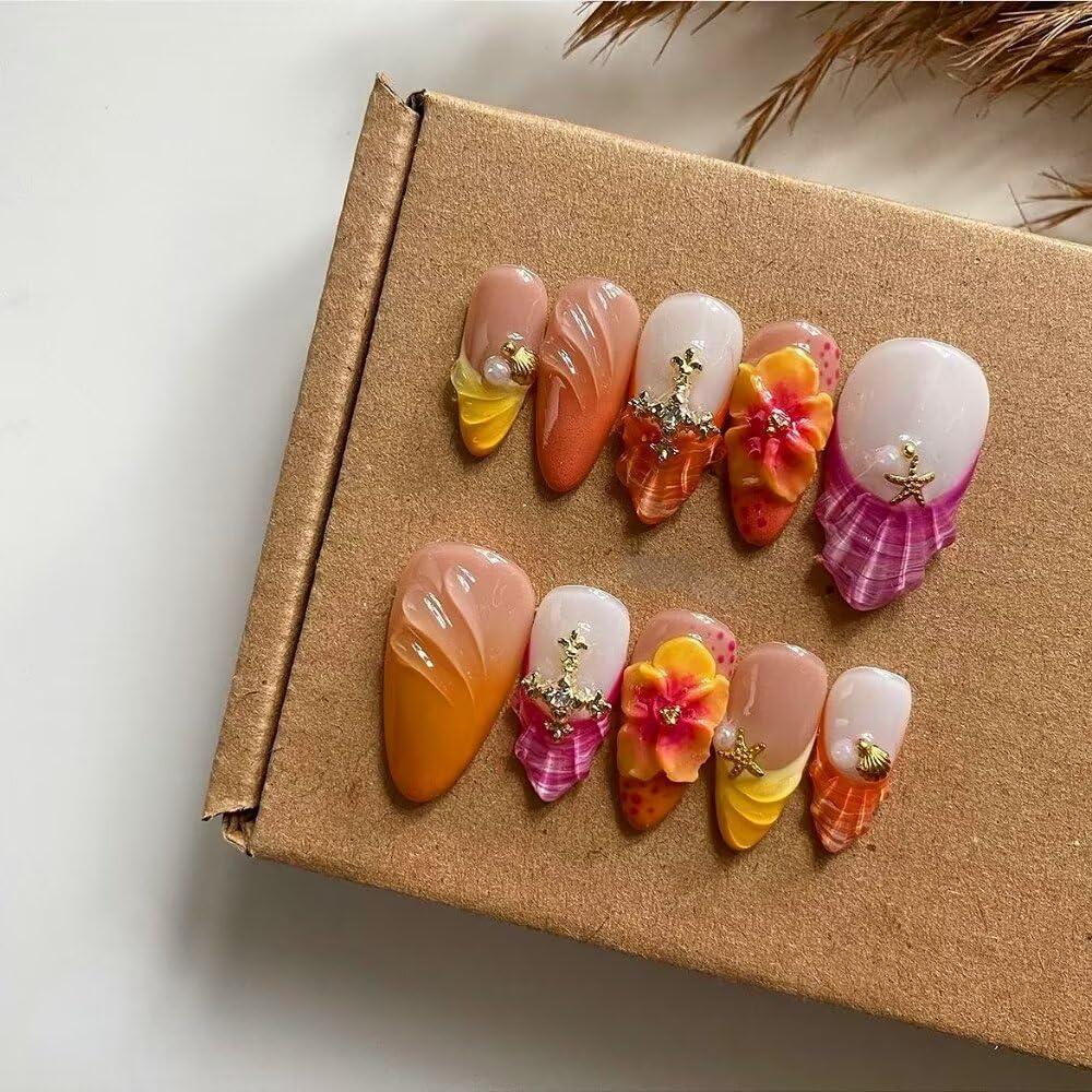 Press On Almond Nails - Handmade 3D Design, Thick Acrylic Gel | Reusable DIY Artificial Nails for Women (10 Pieces)