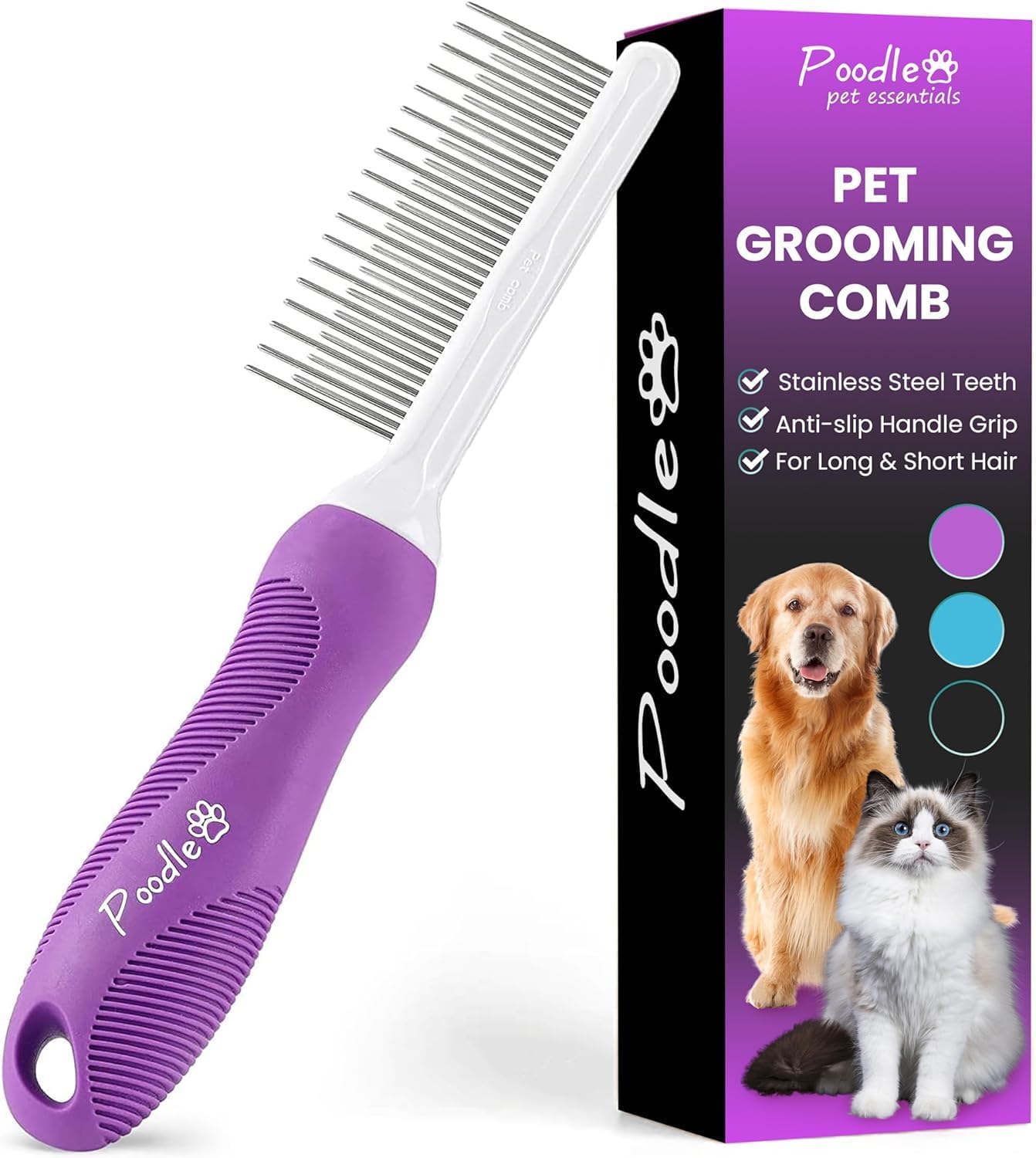 Poodle Dematting Fur Rake Comb - 2.5" Steel Blades for Dogs & Cats | Detangle Matted Undercoat Hair