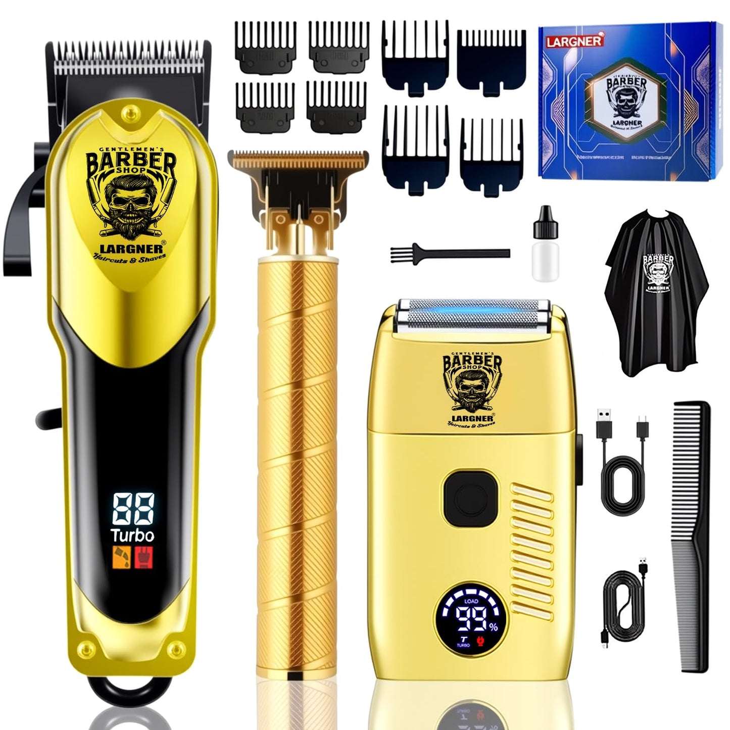 Largner Hair Clippers for Men Professional, Cordless Beard Trimmer & Electric Razor Shavers for Men, Rechargeable 3 Piece Barber Hair Cutting Kit LED Display Men's Grooming Kit