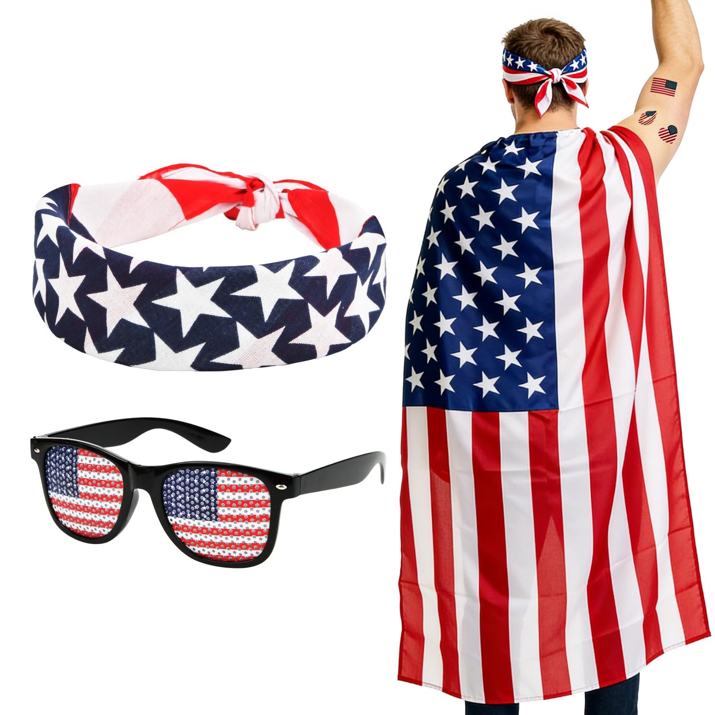 2026 Soccer Fan Flag Cape Set, National Cape Sunglasses Headband Tattoos, Flag Costume Cape for Match Day Party 4th of July(America)