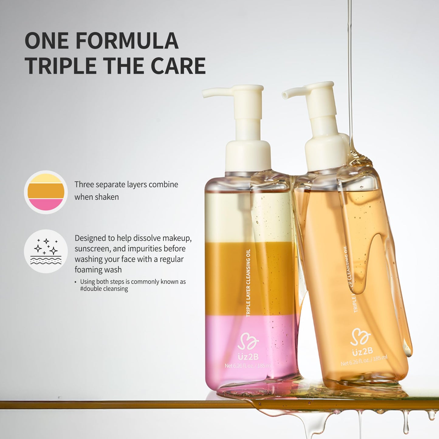 UZ2B Triple Layer Cleansing Oil – Oil, Serum & Water Layers | Deep Cleanse Makeup, Sunscreen & Blackheads | Hydrating with Centella & Jojoba Oil | Korean Skincare 185 ml / 6.26 fl. oz.