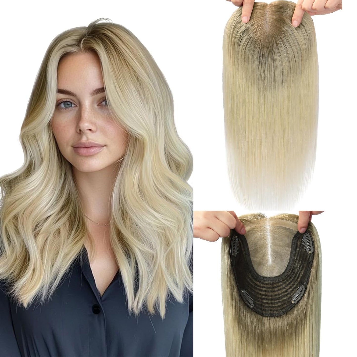 Hair Toppers for Women - Real Human Hair 6x7 Inch Large Base | Balayage Ash Brown to Golden Blonde, 12 Inch Volume Boost