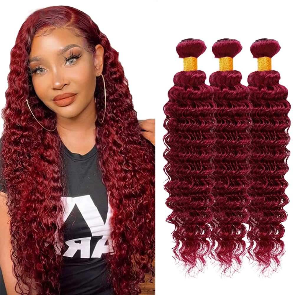 28 inch 99J Human Braiding Hair for Boho Braids 150g Burgundy Deep Wave Bulk Human Hair for Braiding 10A Brazilian Virgin No Weft 3 Braids Per Pack