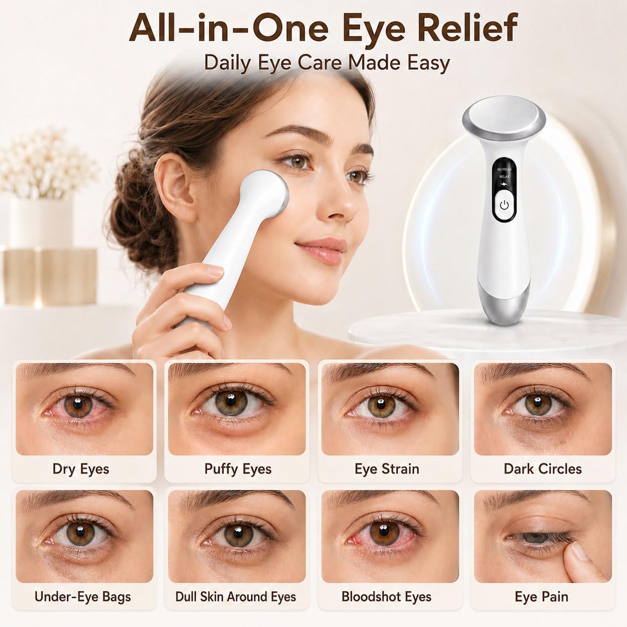 3-in-1 Eye Therapy Device - Heated Eye Wand for Dry Eyes, Puffiness Relief & Skin Radiance | White