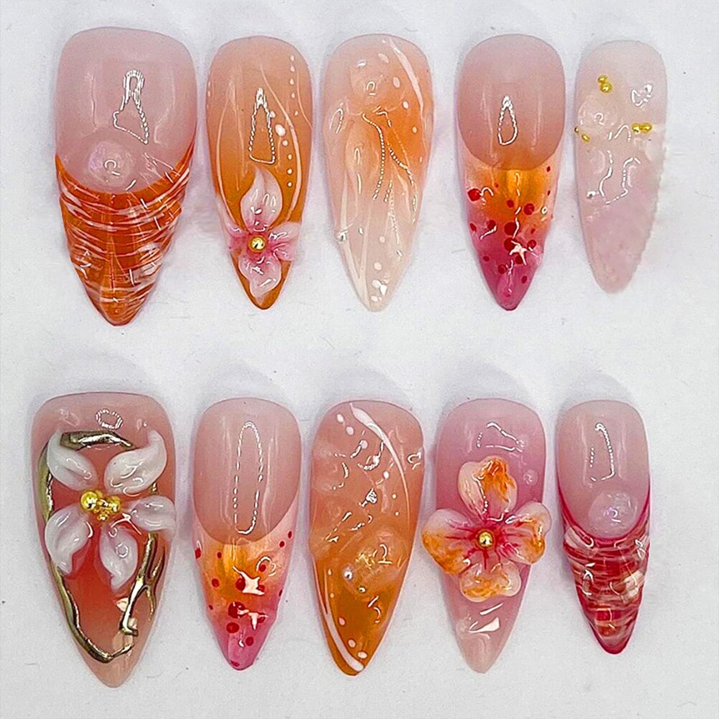Blue Flower Press-On Nails - Medium Almond French Tip with Bow Design | Glossy Full Cover for DIY Manicure