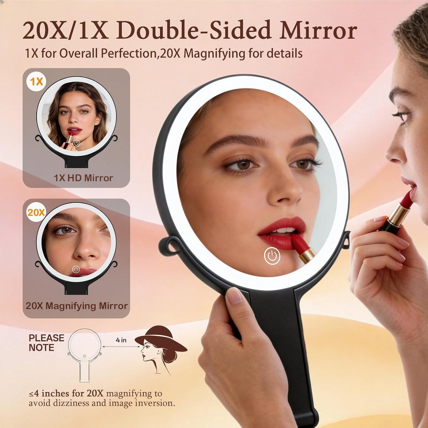 Double-Sided Makeup Mirror with Lights - 20X/1X Magnification, 3 Color Lighting, Adjustable Brightness | Portable Handheld for Travel & Desktop (Black)