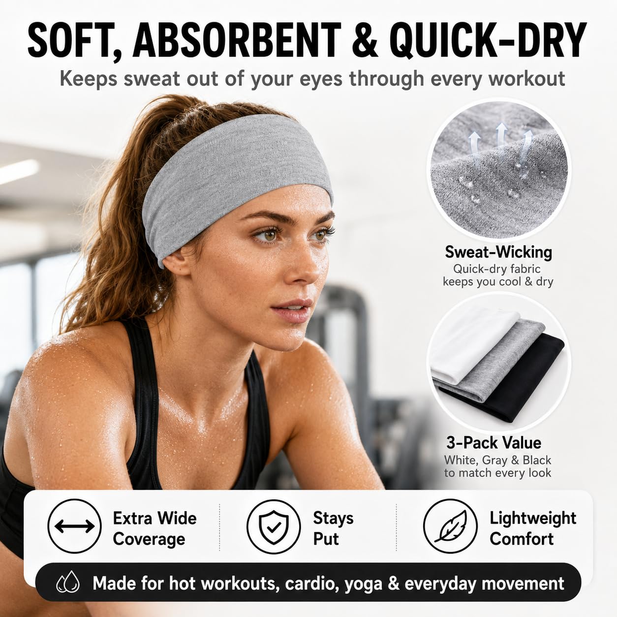Extra Wide Headbands for Women 3 Pack, Soft Stretch Workout Headbands, Absorbent Quick Dry Hair Bands for Yoga, Running, Gym, Skincare & Daily Wear, Comfortable Wide Hair Wraps for Women