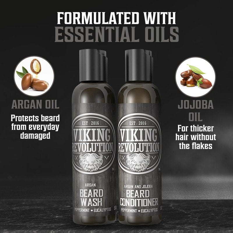 Viking Revolution Ultimate Conditioner for Men's Beard Grooming - Softens, Smoothes and Soothes Beard Itch- Contains Wash, Conditioner, Beard Oil, Balm and Comb- Classic Set