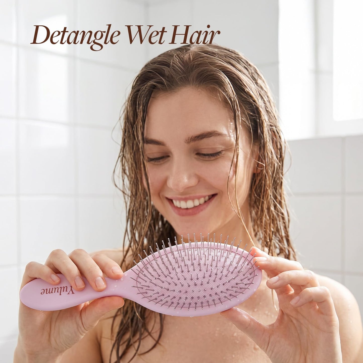Yulume Air Cushion Paddle Brush, Round-Tip Steel Pins for Scalp Massage, Pain-Free Detangling for Wet & Dry, Curly & Thick Hair, Anti-Static, Bonus Tail Comb & Clip, Pink