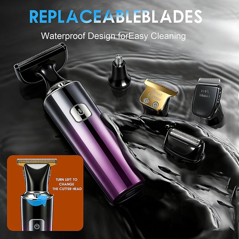 Men's Back Shaver - 5-in-1 Rechargeable Trimmer with LED Display & Long Handle | IPX7 Waterproof, Safety Lock (Purple)