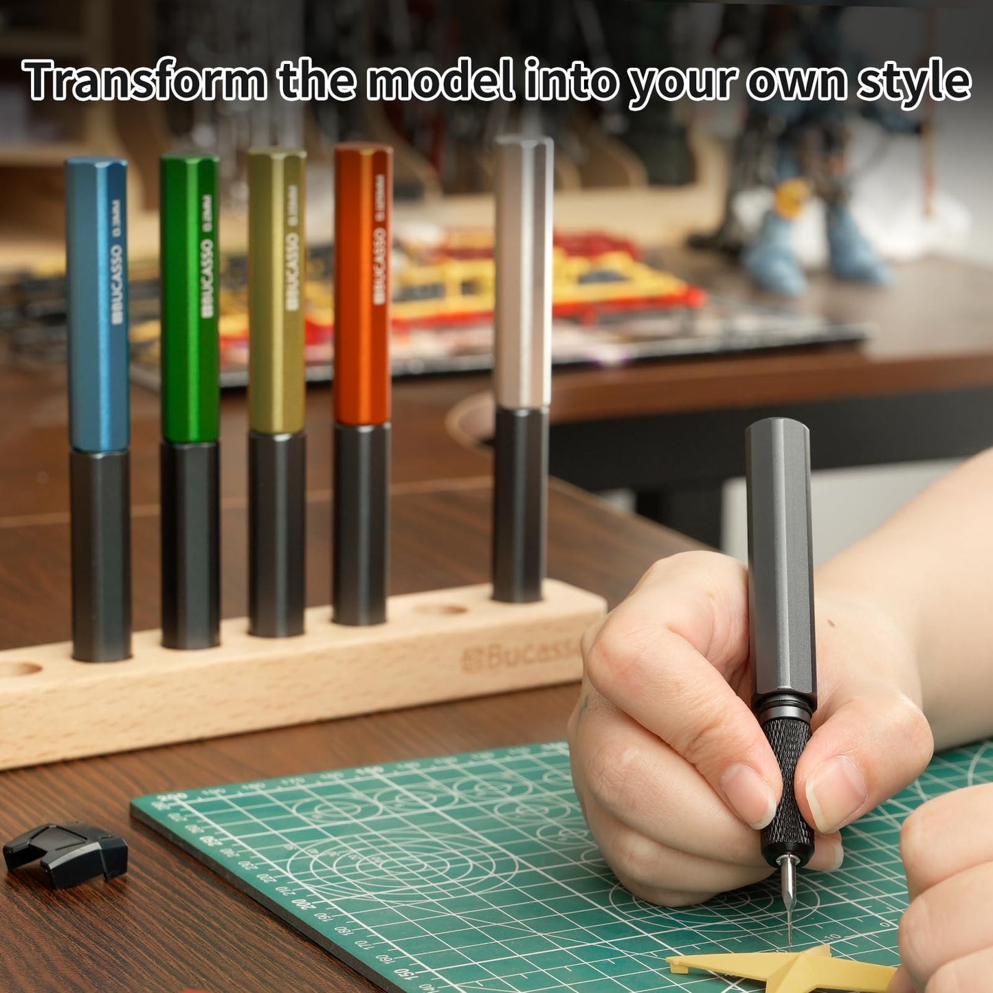Bucasso Model Scriber, 7-Piece Tungsten Steel Blade Scribing Tool Set 0.075/0.1/0.125/0.15/0.2/0.3/0.5mm, with Wooden Stand for Modeling Hobby, RG Scale Model, Gundam Model Kit, Plastic Models