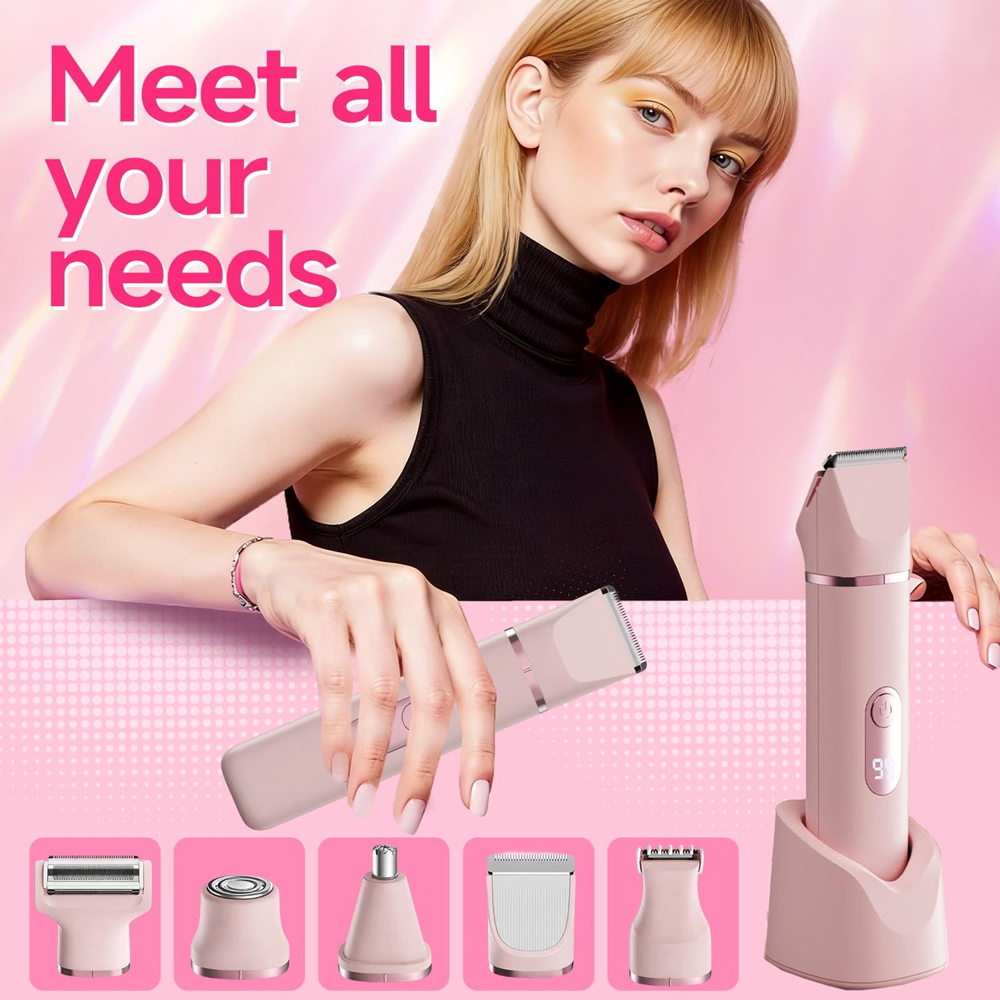 ZLILUGL 5-in-1 Electric Bikini Trimmer for Women – IPX7, Painless Electric Razor & Shaver with Dual Blades, Women Pubic Facial Nose Body Leg Hair Removal, USB Recharge Dock, Waterproof Hygiene Razor