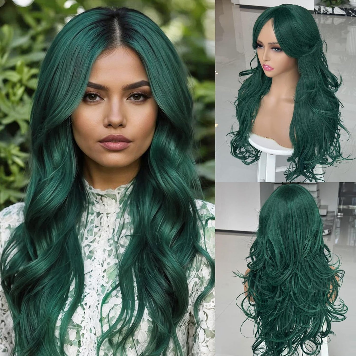 Long Black Wavy Wig for Women - Layered Synthetic Hair with Curtain Bangs | 24-Inch Natural Look