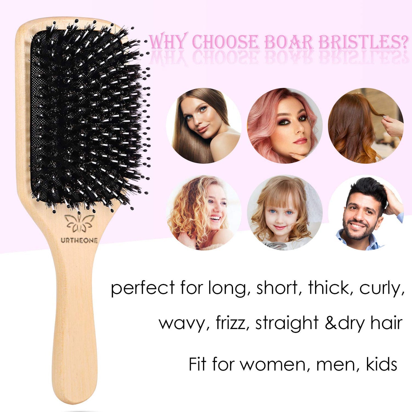 Boar Bristle Hair Brush - Paddle Brush for Thick, Curly & Thin Hair | Smooths & Adds Shine