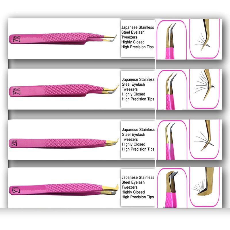 M LASH Eyelash Tweezers for Eyelash Extensions (Set of 4) - Professional Lash Extension Tweezers - Fiber Tip Lash Tweezers, Japanese Steel, Diamond Grip For Flawless Application (O3)