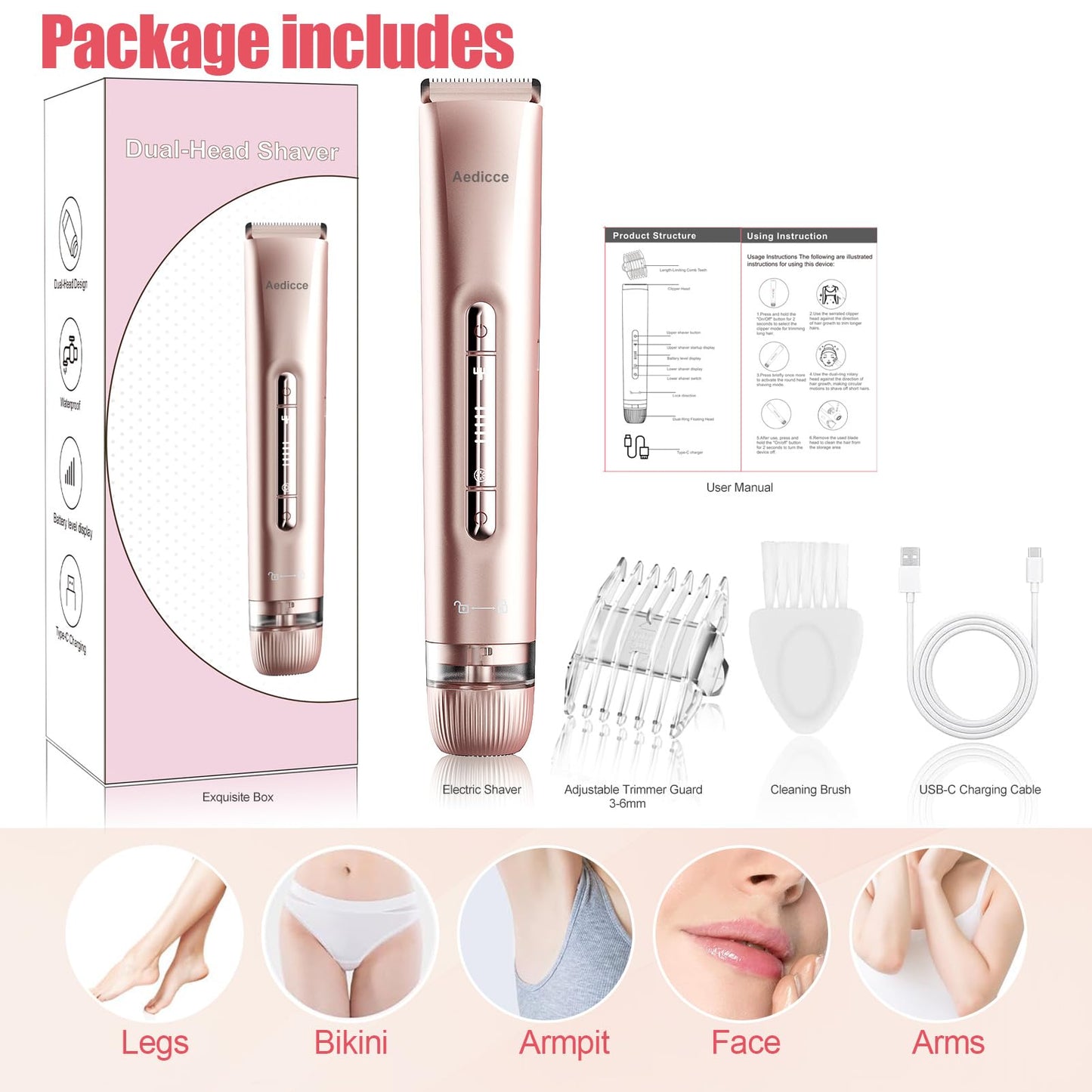 Bikini Trimmer for Women 2 in 1, Dual Head Womens Electric Shaver, Electric Razors for Pubic Hair, IPX7 Waterproof Rechargeable Facial Hair Removal for Shaving Underarm Leg Arm Body Face, Rose Gold