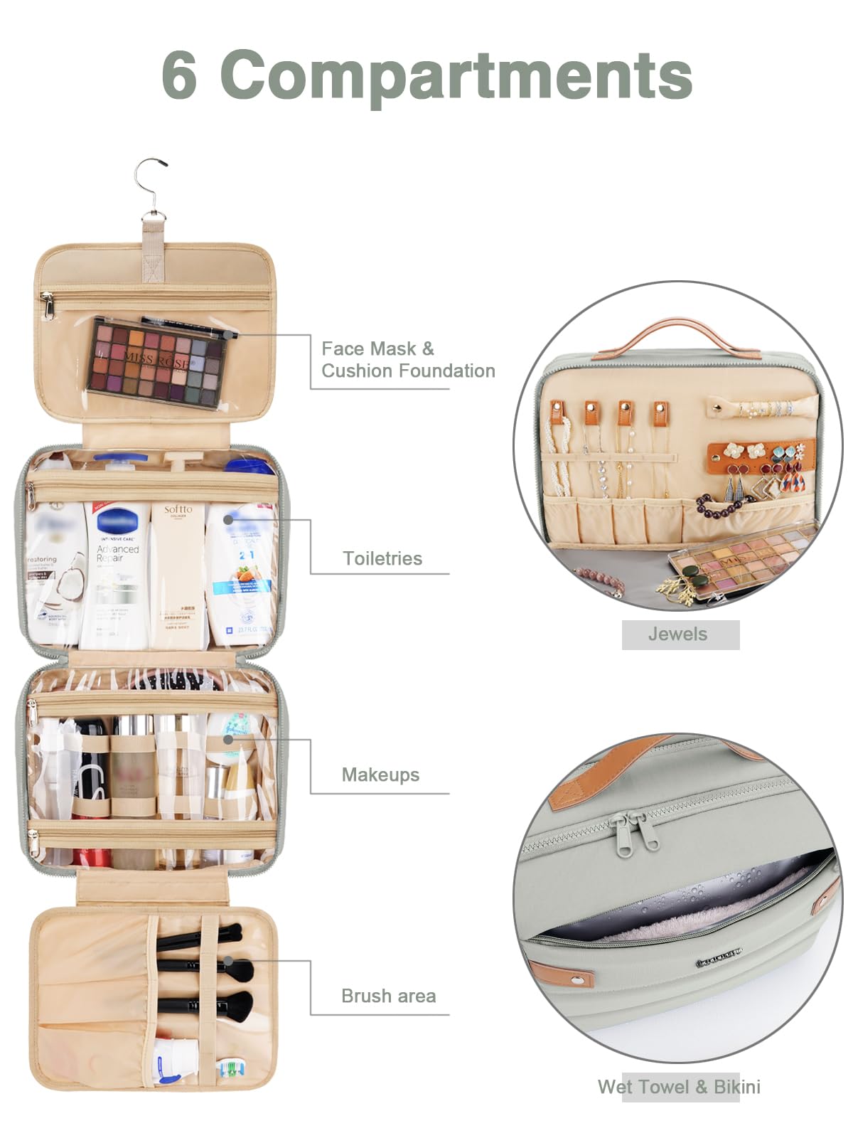 COOSKY Women's Hanging Toiletry Bag, Waterproof Travel Cosmetic Organizer with Jewelry Storage, Large Capacity Makeup Case for Full-Size Skincare & Bathroom Essentials, Portable Cosmetic kit, Grey