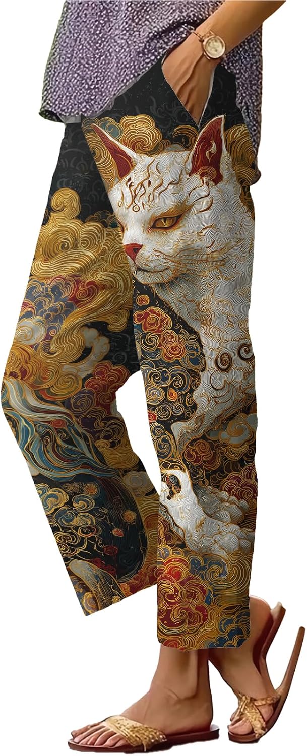 Womens Plus Size Floral Boho Capris - Elastic Waist Beach Trousers | Casual Summer Pants