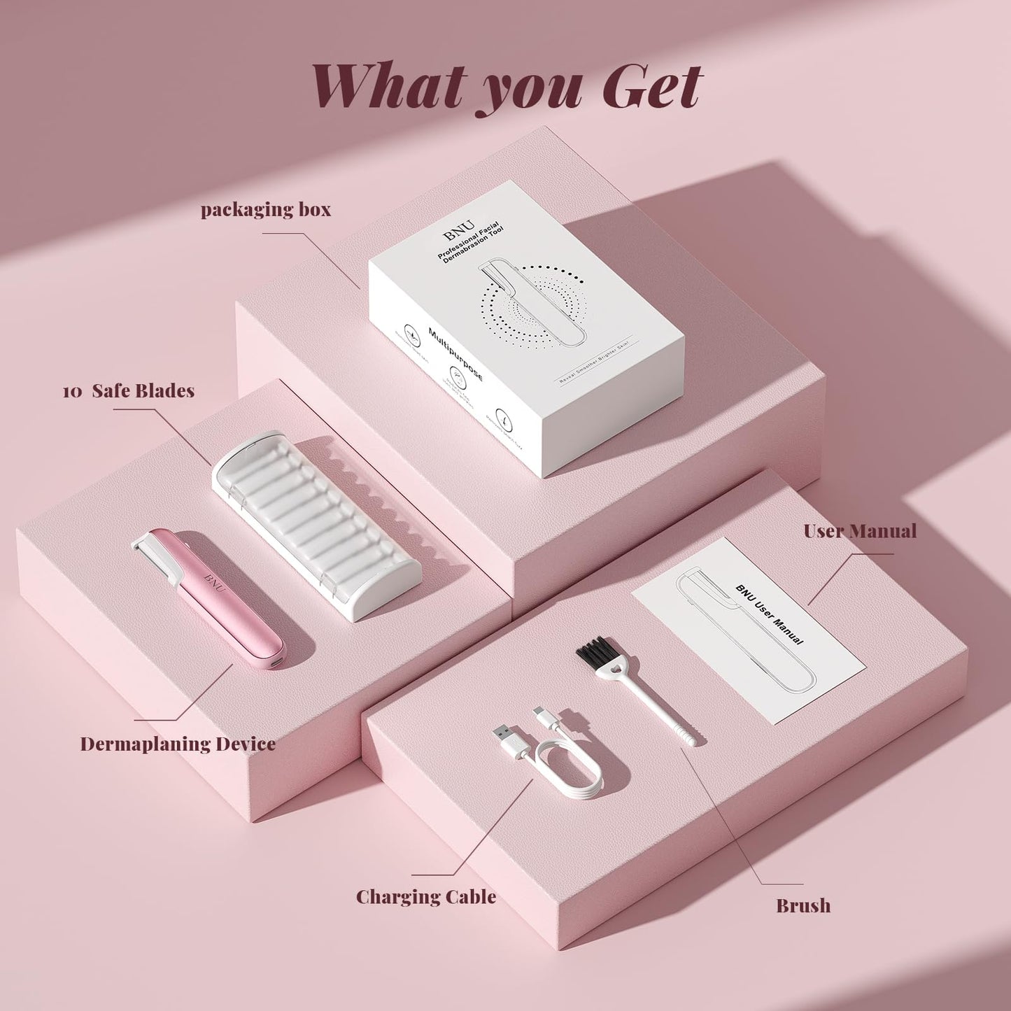 Dermaplane Razor for Women Face, BNU Facial Hair Remover for Anti-Aging, Rechargeable, LED Light, Sonic Edges, 3 Speeds, Ergonomic Handle Face Dermaplaning Tool 10 Blades Pink
