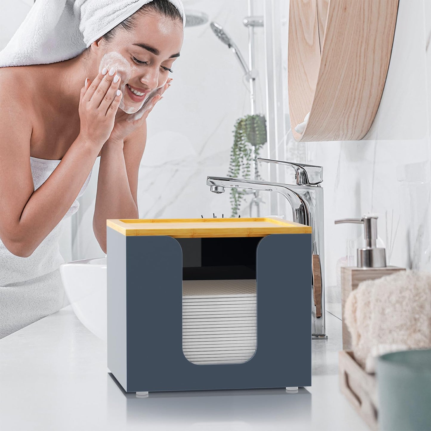 VITVITI Disposable Face Towel Holder Box, Acrylic Facial Towel Container for XL Clean Skin Club, Large Disposable Face Towels Storage with Bamboo Lid, for Bathroom, Vanity Makeup, Gray