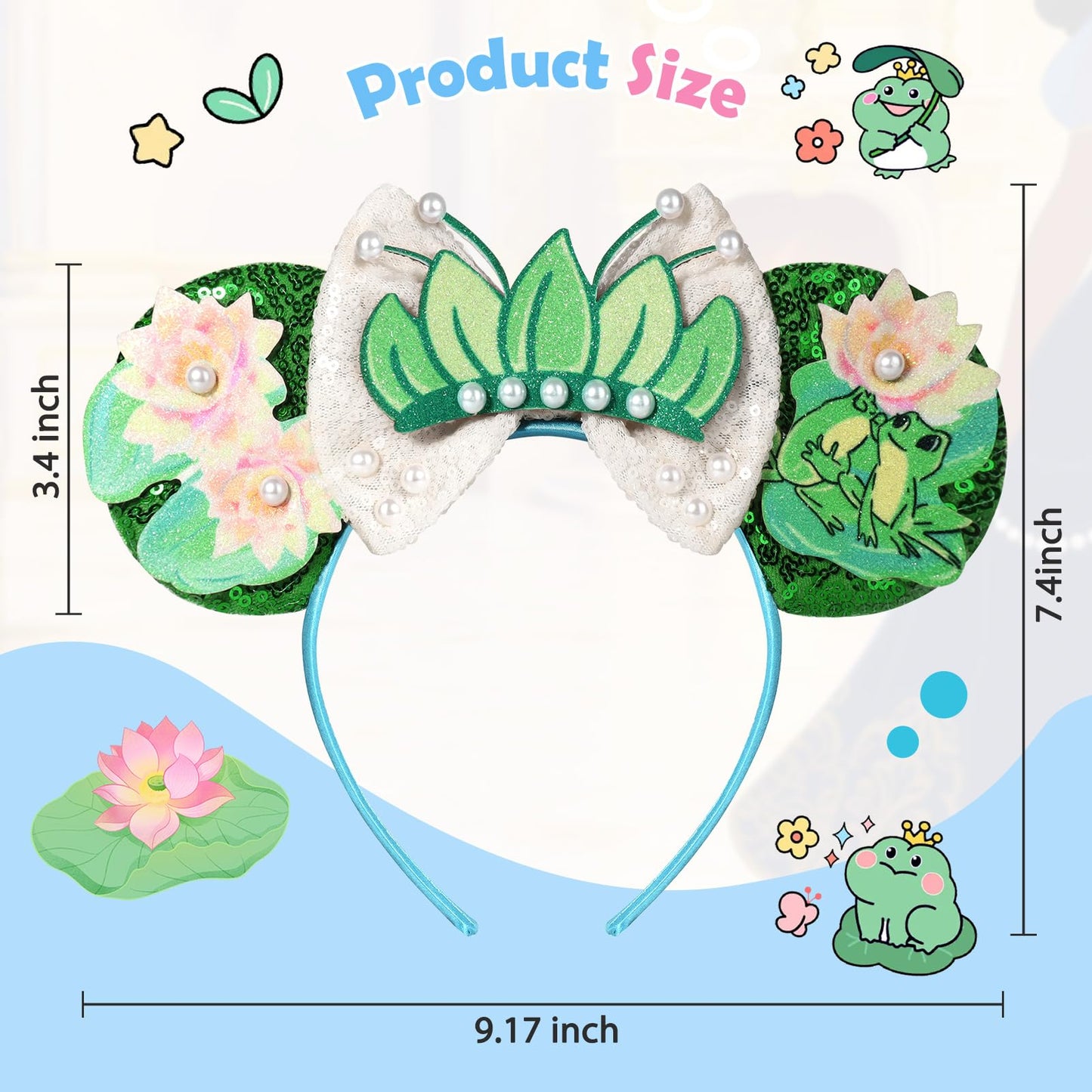 CANMIL Mouse Ears Headband, Sparkle Princess Bow Headband for Women Girls, Sequin Party Hair Accessories (Frog)