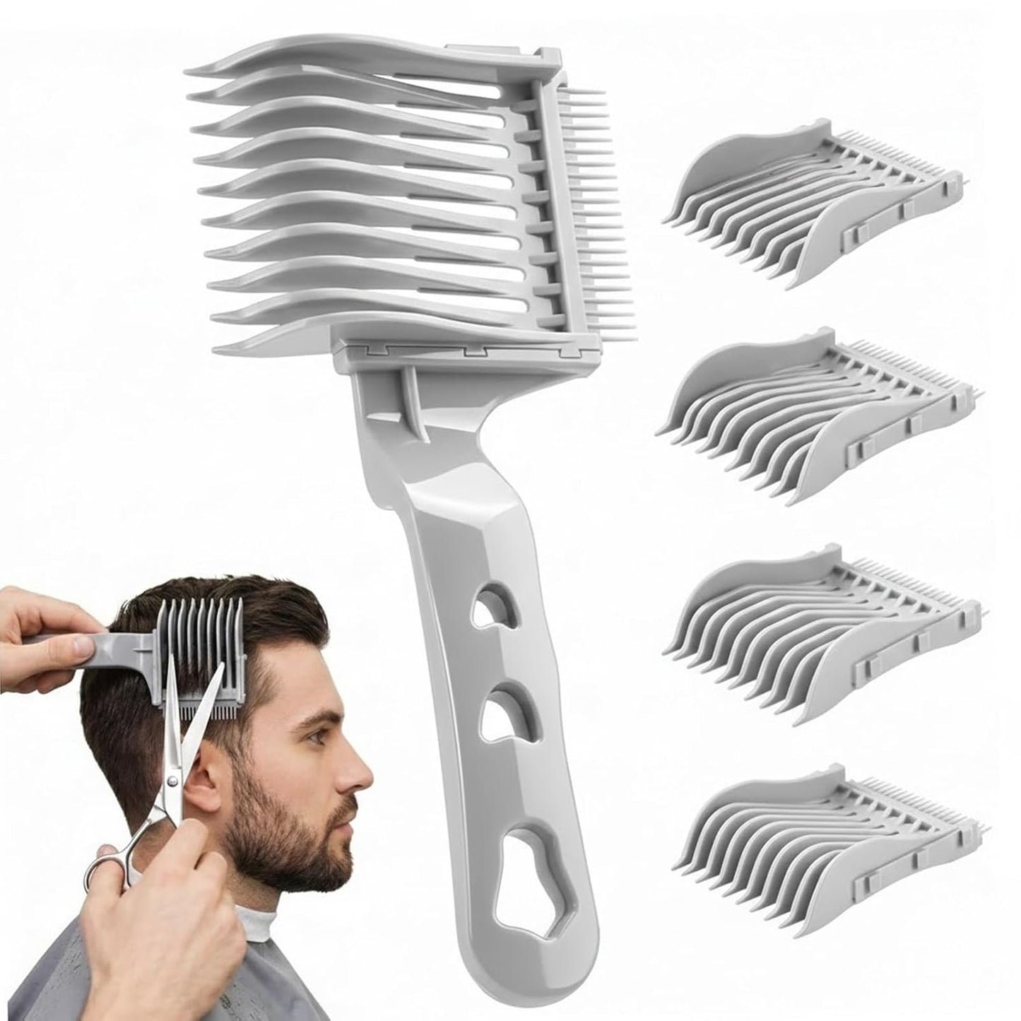 Professional Barber Fade Comb Set - Ergonomic Hair Cutting Tool with 4 Interchangeable Heads | Smooth Blending & Long Handle
