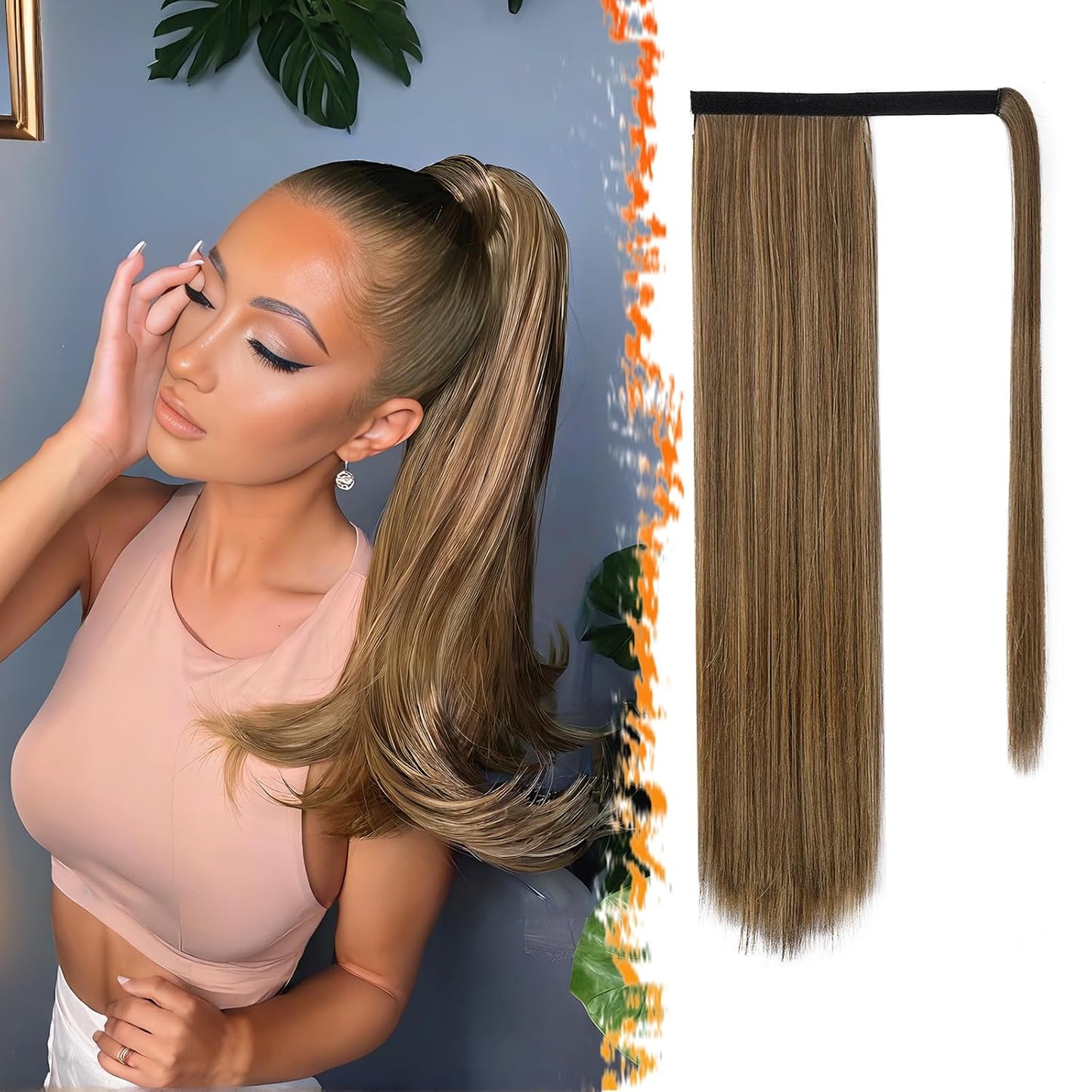 Dark Brown Straight Ponytail Extension - 28 Inch Clip-In Hairpiece for Women | Synthetic Wrap Around Style