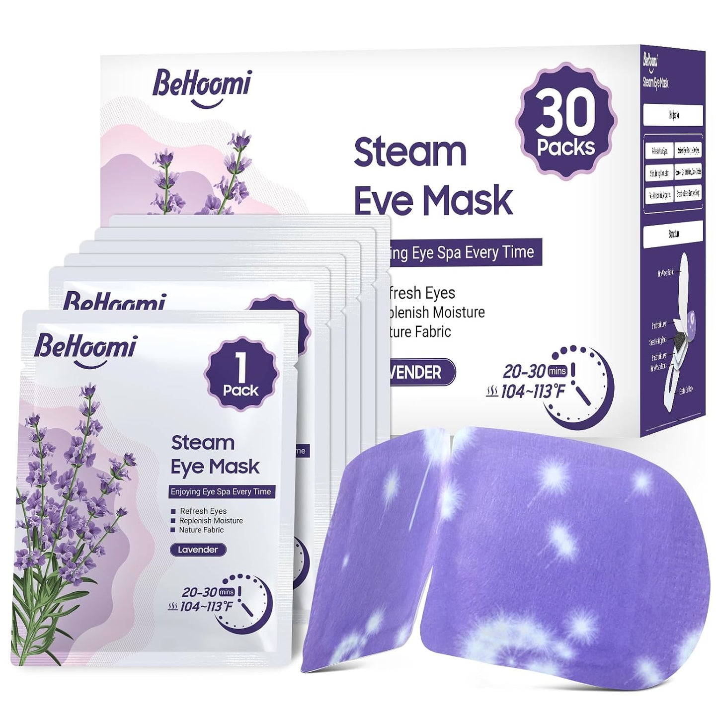 BeHoomi Heated Steam Eye Masks - 30 Packs of Disposable Warm Compresses for Relaxation | Unscented