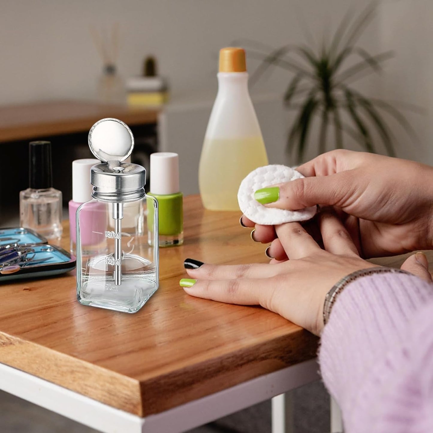 Noverlife Clear Glass Pump Dispenser Bottles - 2PCS 6Oz Nail Polish Remover Containers | Refillable Flip Top Cap