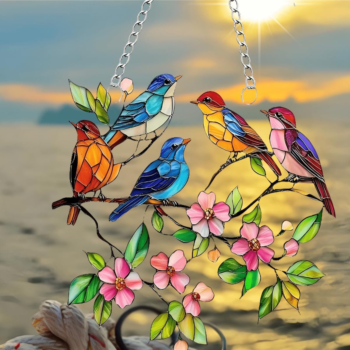 Acrylic Birds with Flowers Suncatcher - 7.08 Inch Stained Glass Style Window Decor | Rainbow Maker Wall Art & Garden Ornament