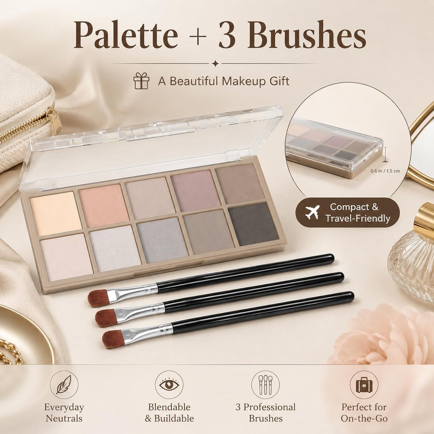 Matte Eyeshadow Palette - 10 Blendable Shades for Smokey Eyes | Waterproof, Long-Lasting Makeup