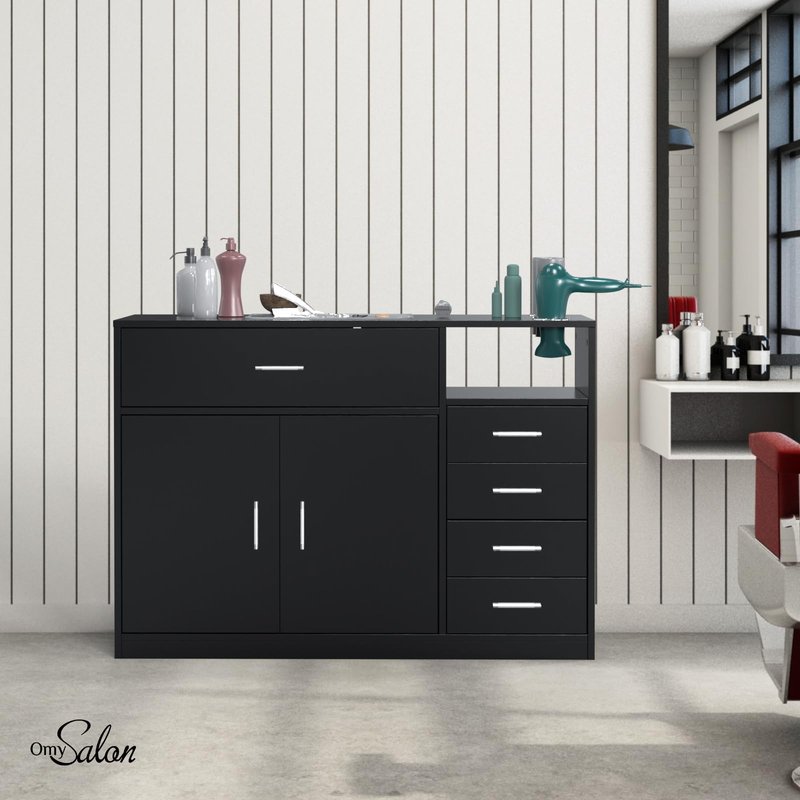 OmySalon Salon Station Free Standing Cabinet, Barber Hair Styling Stations, Beauty Spa Equipment with 5 Drawers, 1 Storage Cabinet, 3 Hair Dryer Holders, Black