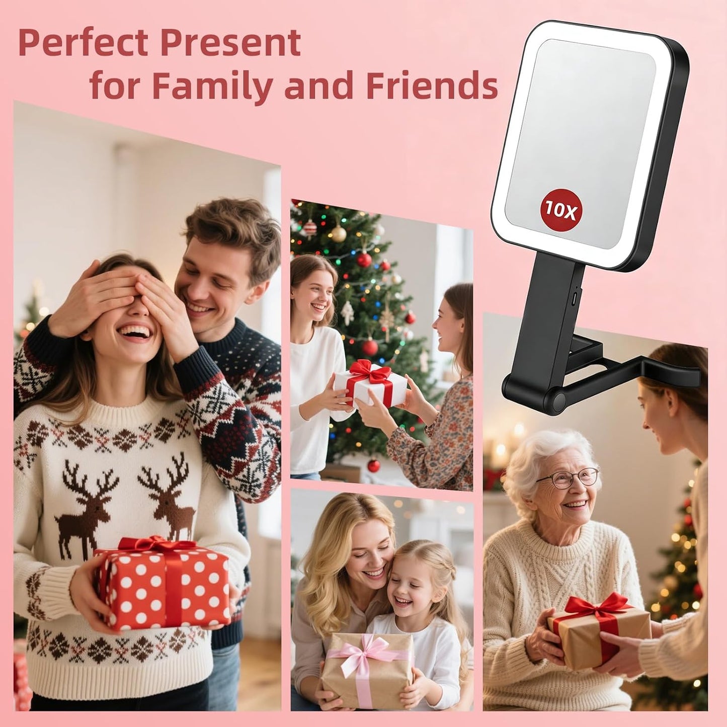 Rechargeable Travel Mirror with Lights - 10X/1X Double-Sided, 3 Color Lighting | Smart Touch Dimming, Precision Tweezers (10.3"x5.2")