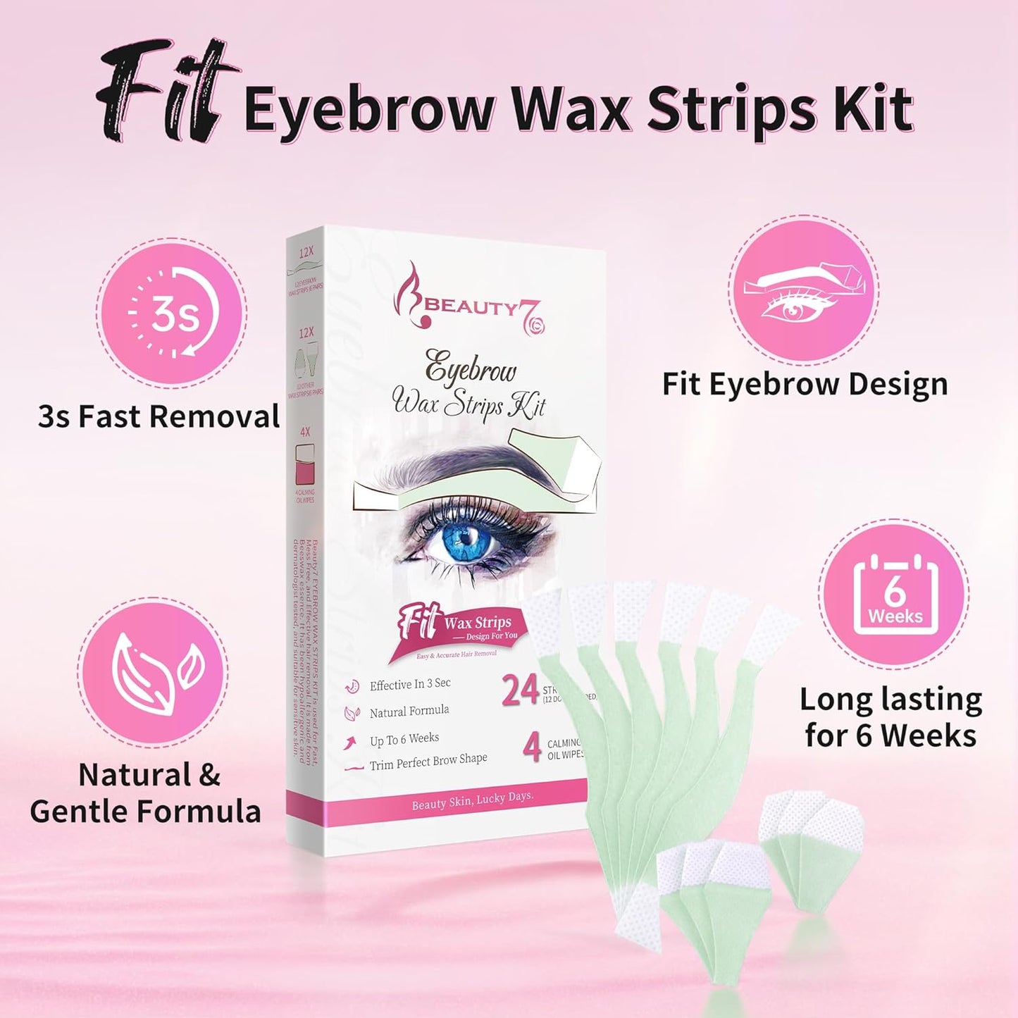 Facial Wax Strips for Hair Removal - Eyebrow Wax Strips | 24 Count with 4 Calming Oil Wipes for All Skin Types