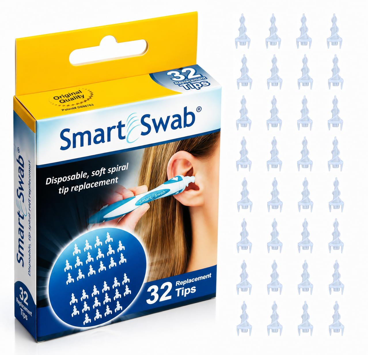 Smart Swab Spiral Ear Wax Removal Replacement Tips – 32 Soft Silicone Spiral Tips Only (No Handle) | Patented Safe Ear Cleaning Design | Easy, Gentle & Reusable Ear Cleaner Refills