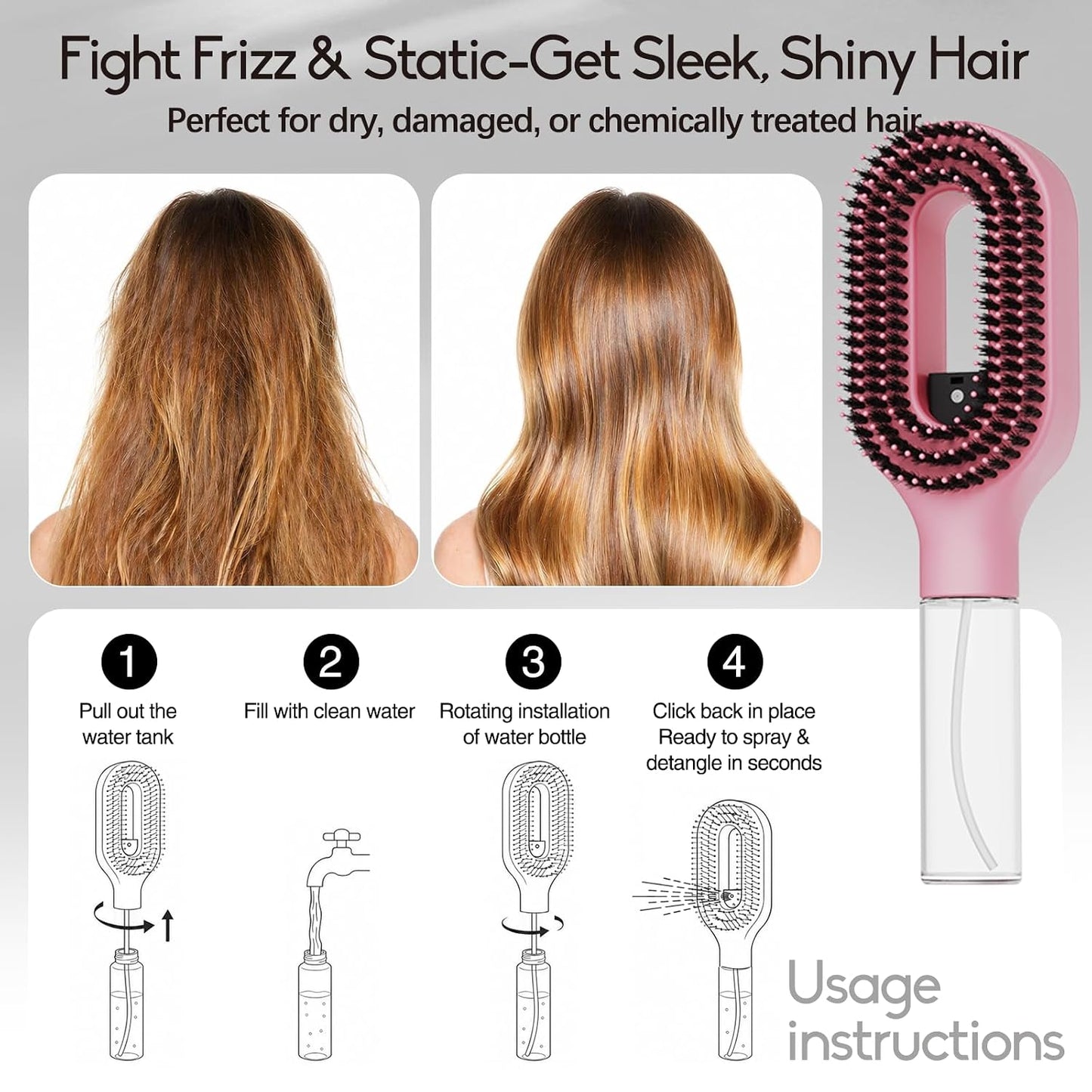 Continuous Mist Spray Hair Brush - 2-in-1 Detangling Tool for Frizz Control | Pink for Wet & Dry Styling