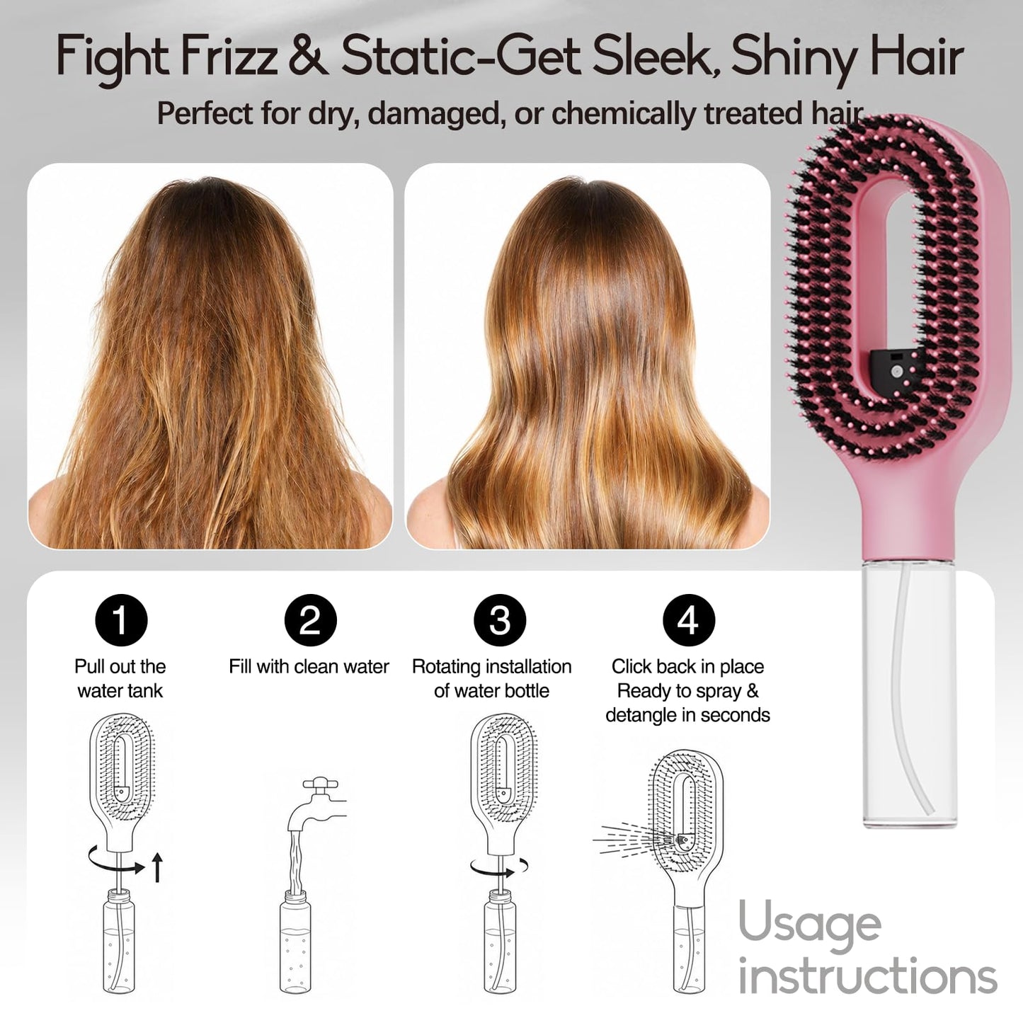 Manual Spray Hair Brush with Fine Mist for Frizz Control, Pink
