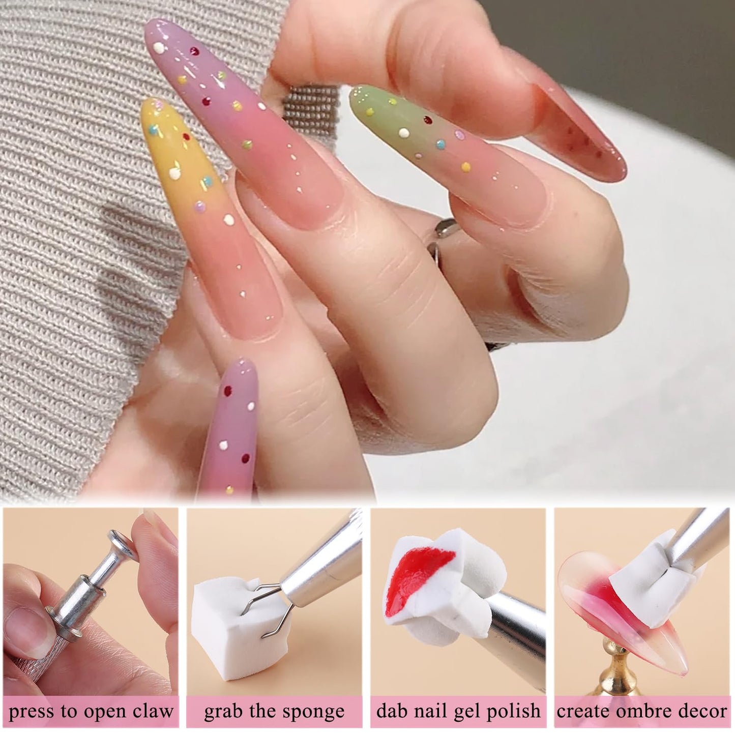 Soft Nail Sponges for Ombre & Gradient Effects - 100 Pcs White Nail Art Sponges with 6 Wedge Sponges & Grabbing Pen