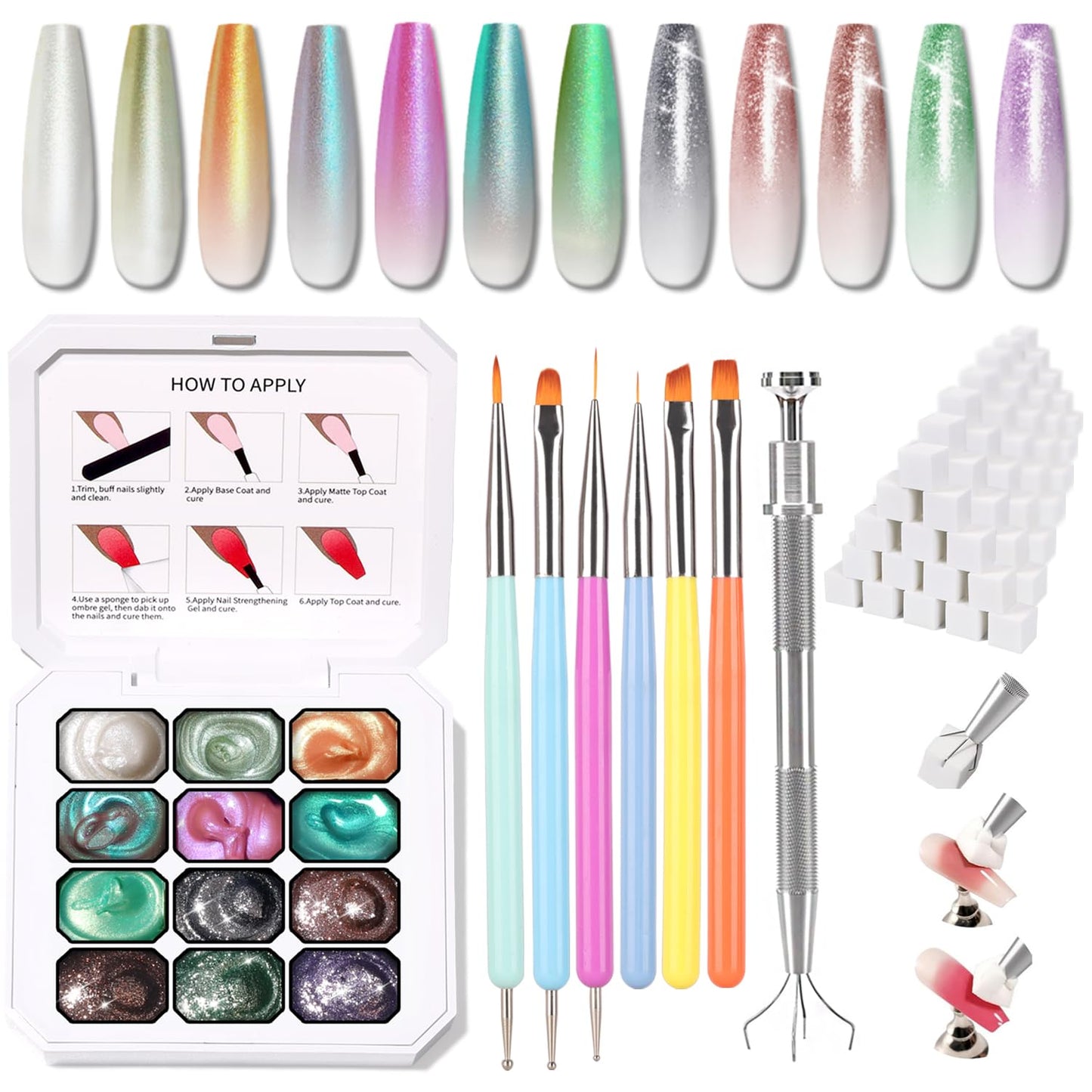 Sponge Pat Gel Nail Polish Palette - 12 Colors Ombre Gradient Art | No Wipe, UV/LED Cured