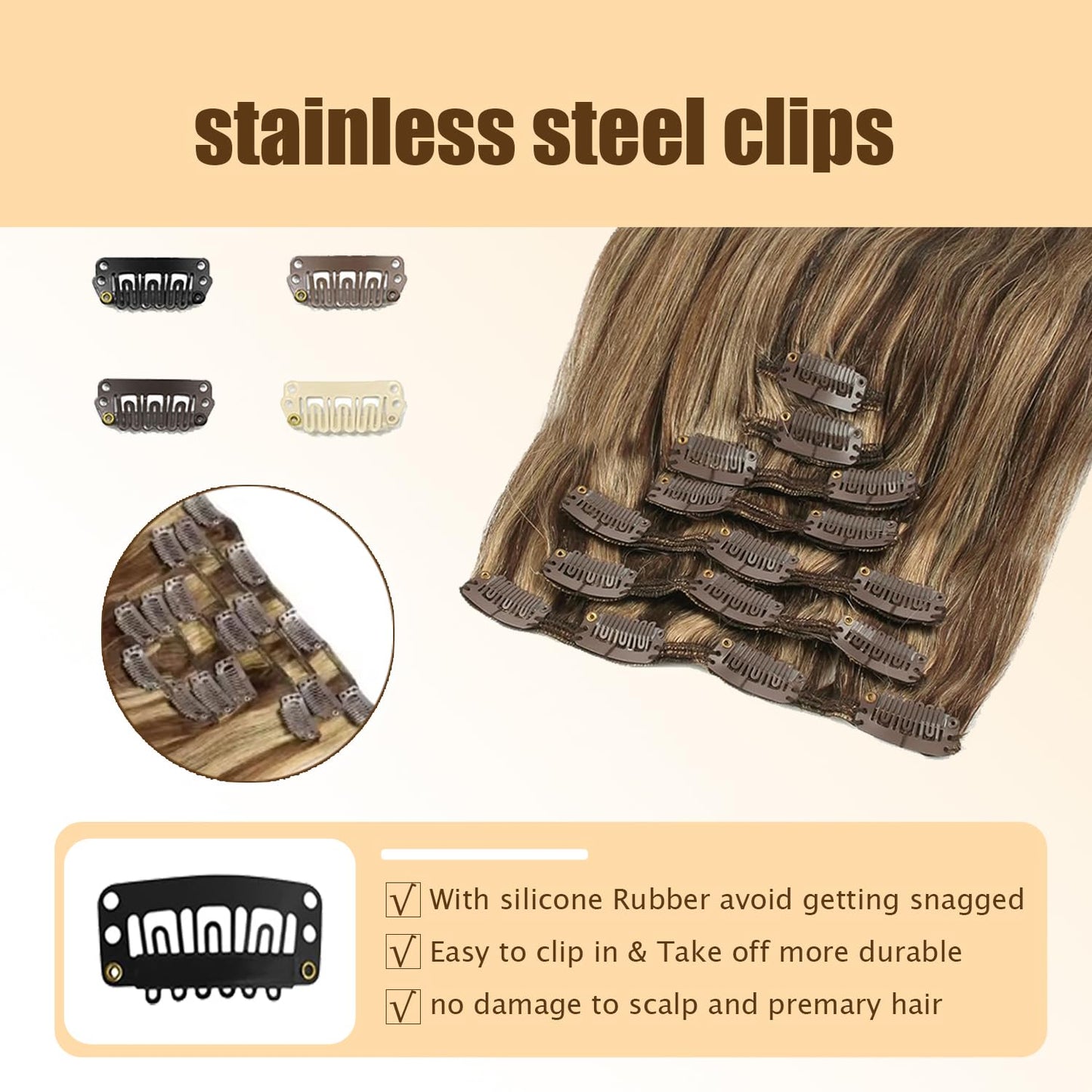 P427 Blonde Clip in Hair Extensions Real Human Hair, 16 Inch 120g/7Pcs,Full Shine Remy Human Hair,Highlight Brown Straight Clip ins Brazilian Virgin Human Hair Extensions
