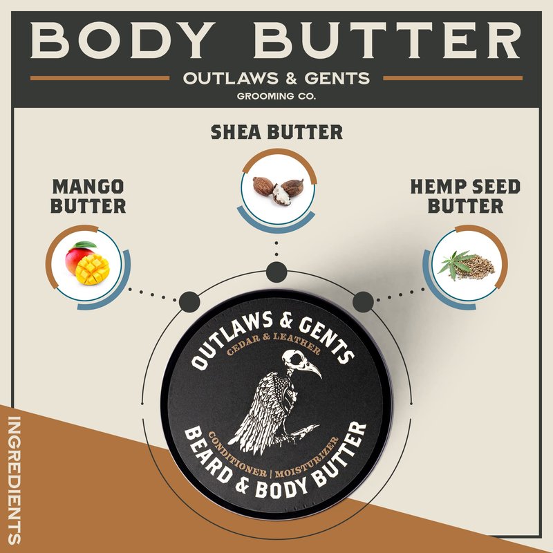 Outlaws and Gents Grooming Co. Beard and Body Butter - Tobacco Vanilla Scented All-Natural Moisturizer for Men - Deeply Moisturizes Beard, Face, and Body