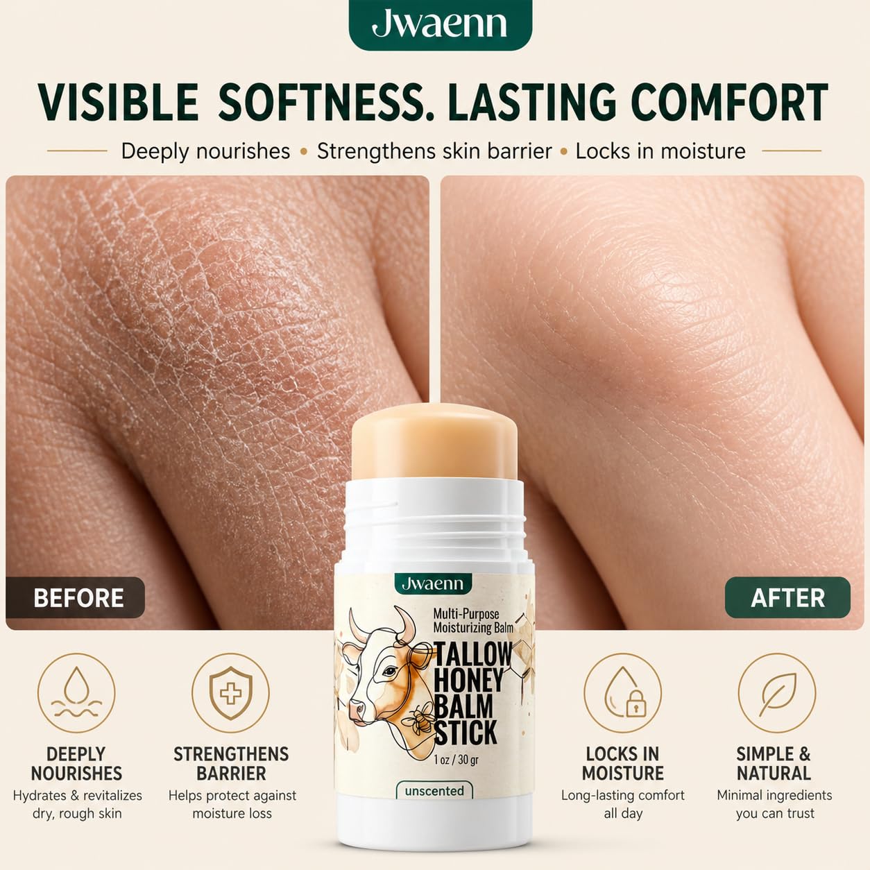 JWAENN Tallow Honey Balm Stick Grass-Fed Beef Tallow Moisturizer for Face & Body, Multi-Purpose Solid Balm for Sensitive Skin, with Raw Honey & Vitamin E, 30g, 1 oz