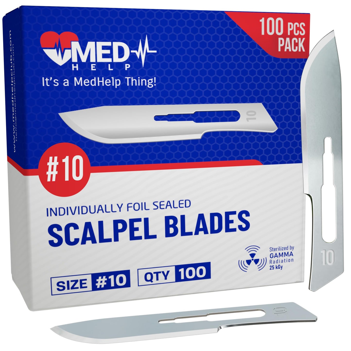 MedHelp Disposable Scalpel Blade #10 Pack of 100, Size 10 Surgical Blades, High Carbon Steel Dermaplane Blades. Individually Wrapped, Sterile