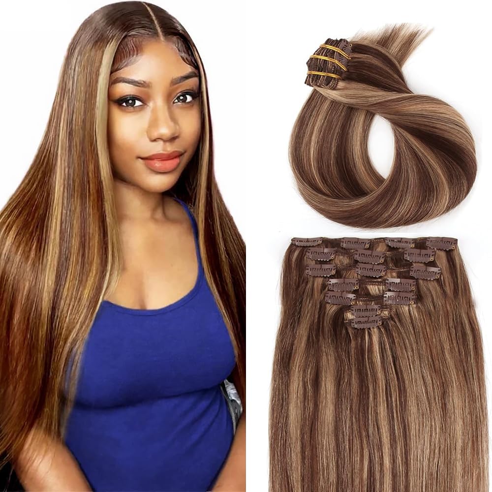 P427 Blonde Clip in Hair Extensions Real Human Hair, 28 Inch 120g/7Pcs,Full Shine Remy Human Hair,Highlight Brown Straight Clip ins Brazilian Virgin Human Hair Extensions