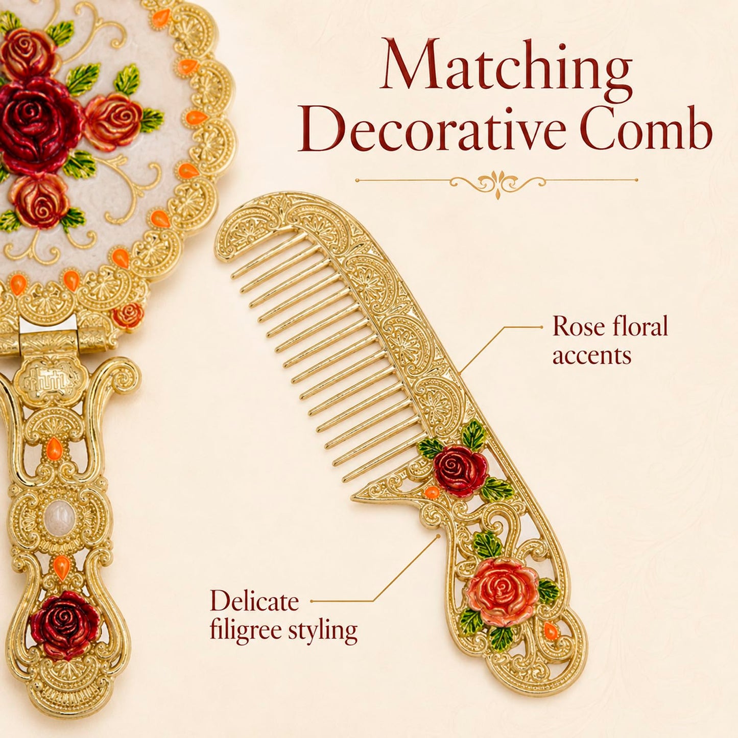 Vintage Hand Mirror Comb Set - Antique Vanity Handheld Makeup Mirror, Gold
