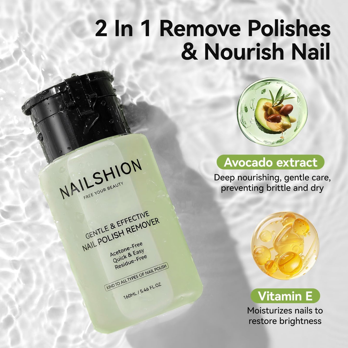 Nailshion Avocado Nail Polish Remover, Non-Acetone 3-9s Quick Removal, Professional Polish Remover for All Air-dry Nail Polish, VE Non-Drying, Refillable Pump Bottle Salon DIY at Home